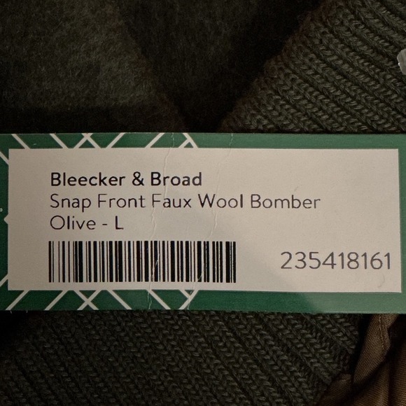 Bleecker & Broad Men Olive Snap Front Faux Wool Bomber Jacket L New With Tags - Picture 6 of 6